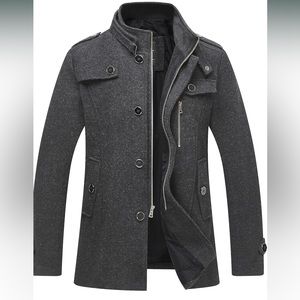 wantdo Men's Wool Blend Jacket Stand Collar Windproof Pea Coat size Large